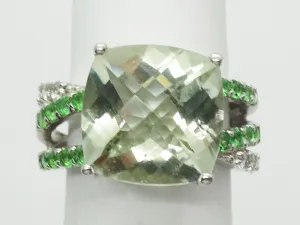 Fantasy Cushion CZ Green & White Sterling Silver Filigree Ring Size 5