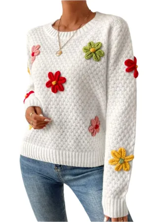 TEEK - White Crochet Flower Round Neck Long Sleeve Sweater